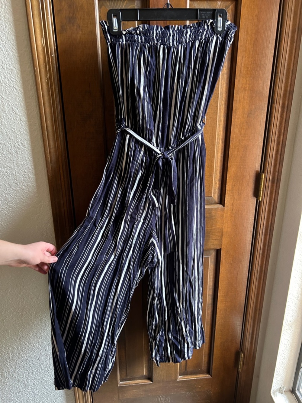 BE COOL Navy, White & Light Blue Striped Strapless Jumpsuit